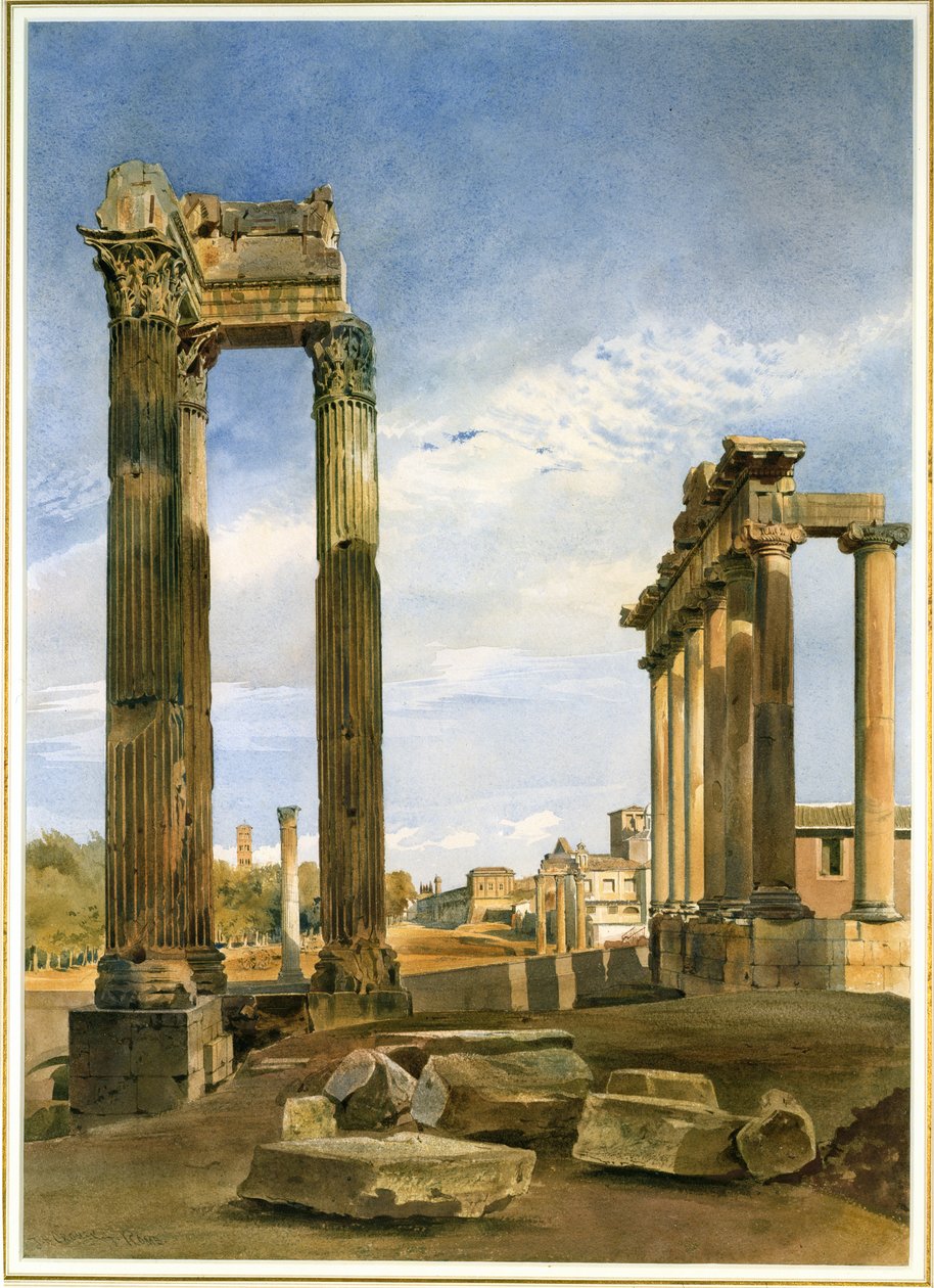 Vespasianus och Saturnus tempel, med Castortemplet bortom, Forumet, Rom (wc på papper) av Thomas Hartley Cromek