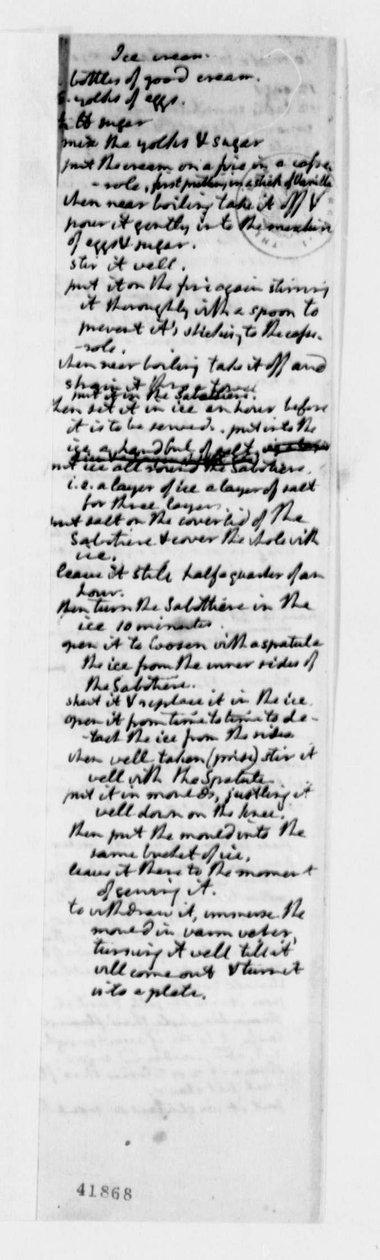 Recept på vaniljglass, ca 1780 (bläck på papper) av Thomas Jefferson