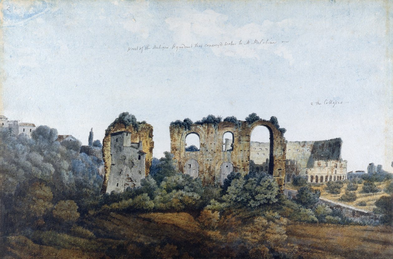 The Claudean Aqueduct and Colosseum, 1778 (wc över grafit på lagt papper) av Thomas Jones