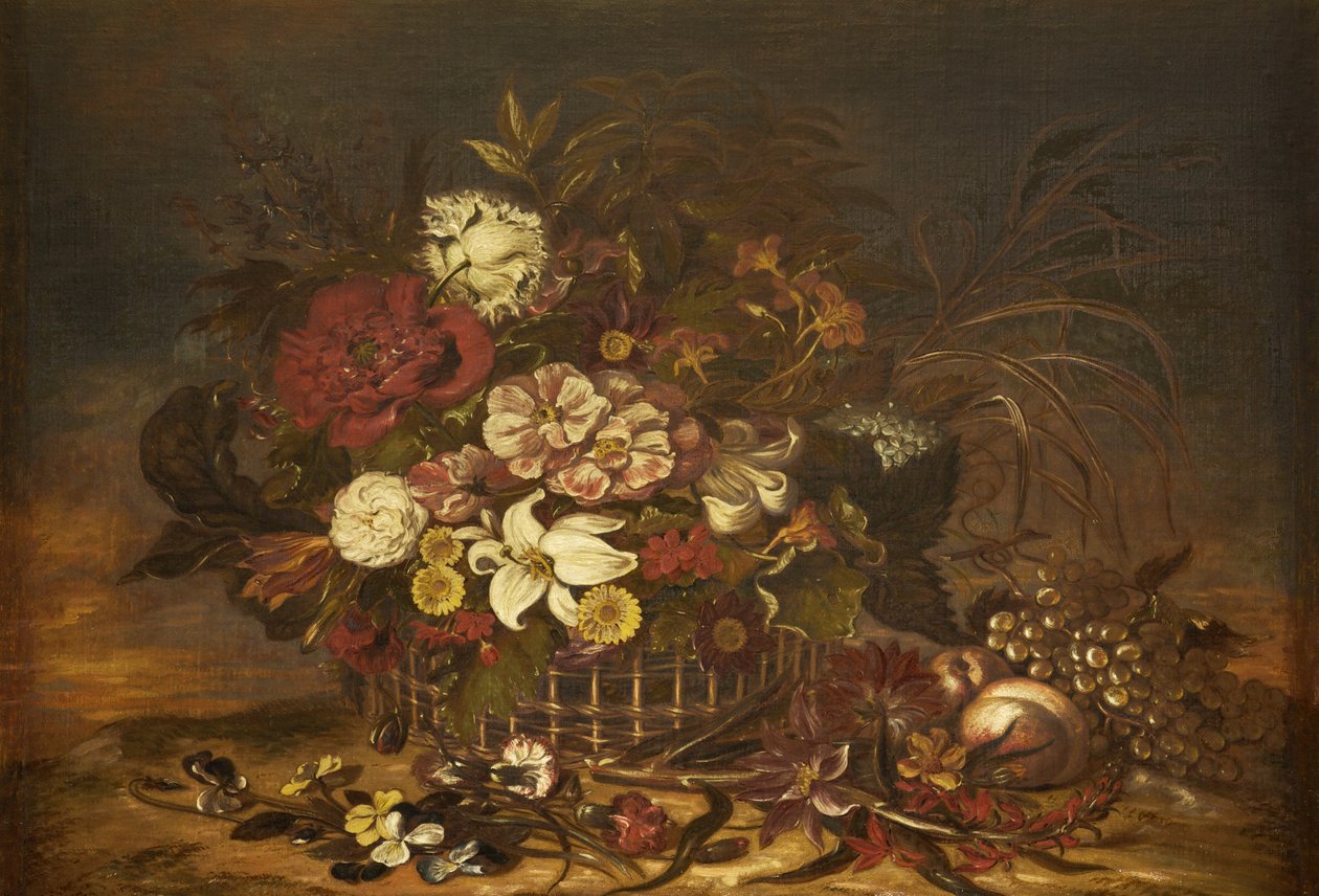 Blommor i en korg med frukt av Thomas Lister