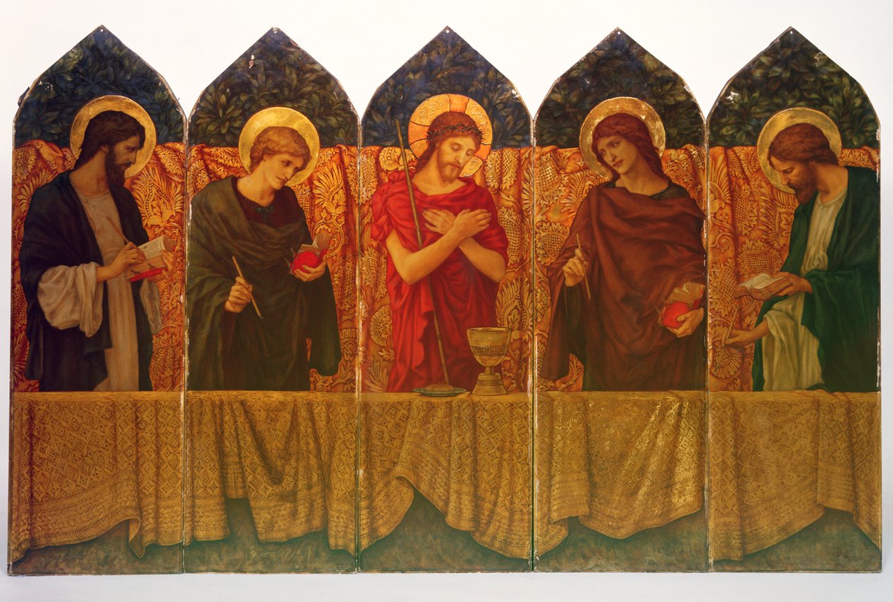 Kristus och fyra helgon, altarpanel designad av Burne-Jones av Thomas Matthews Rooke