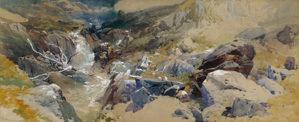En stenig ström i Skottland (penna och wc förhöjd med vitt) av Thomas Miles II Richardson