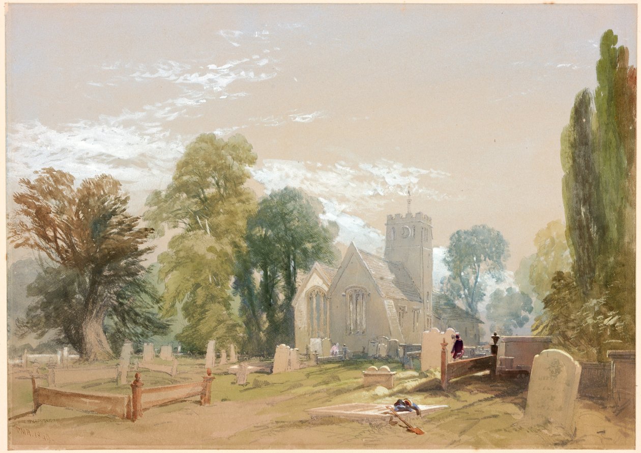 Kyrkan och kyrkogården i Chesters (bc, penna och wc på papper) av Thomas Miles II Richardson