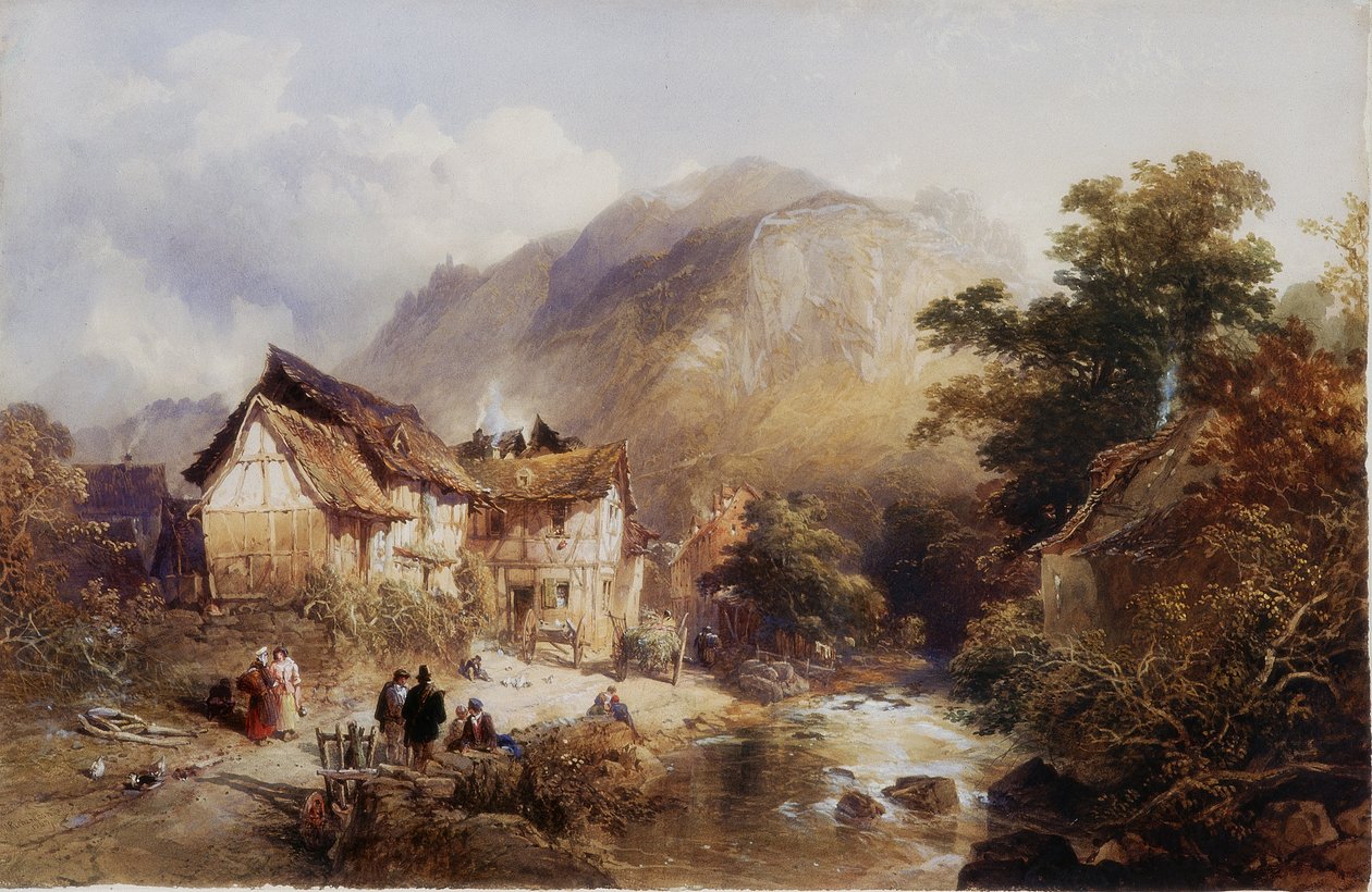 Byn Sayn vid floden Bertich Bach i Preussen (akvarell och bodycolour på papper) av Thomas Miles II Richardson