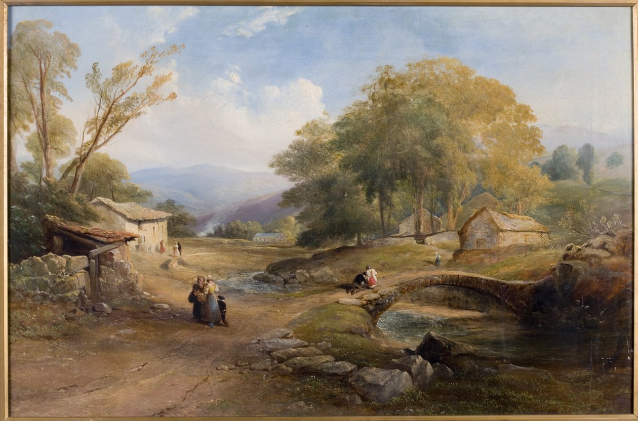 Landskap, bro och figurer av Thomas Miles Richardson