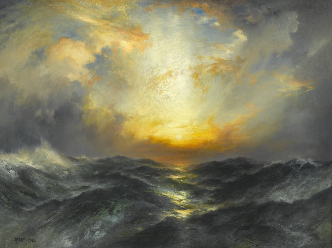Solnedgång till sjöss, 1906 av Thomas Moran