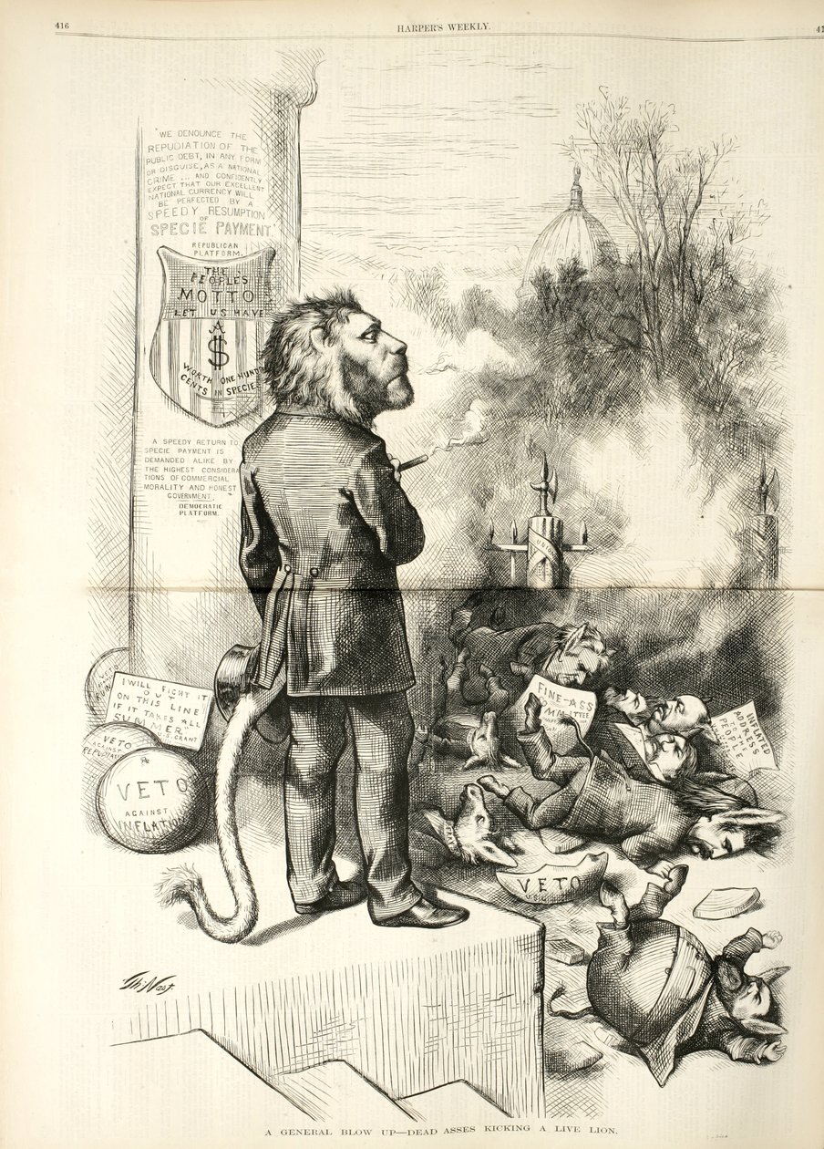 A General Blow Up - Dead Asses Kicking a Live Lion, 1874 (trägravyr) av Thomas Nast