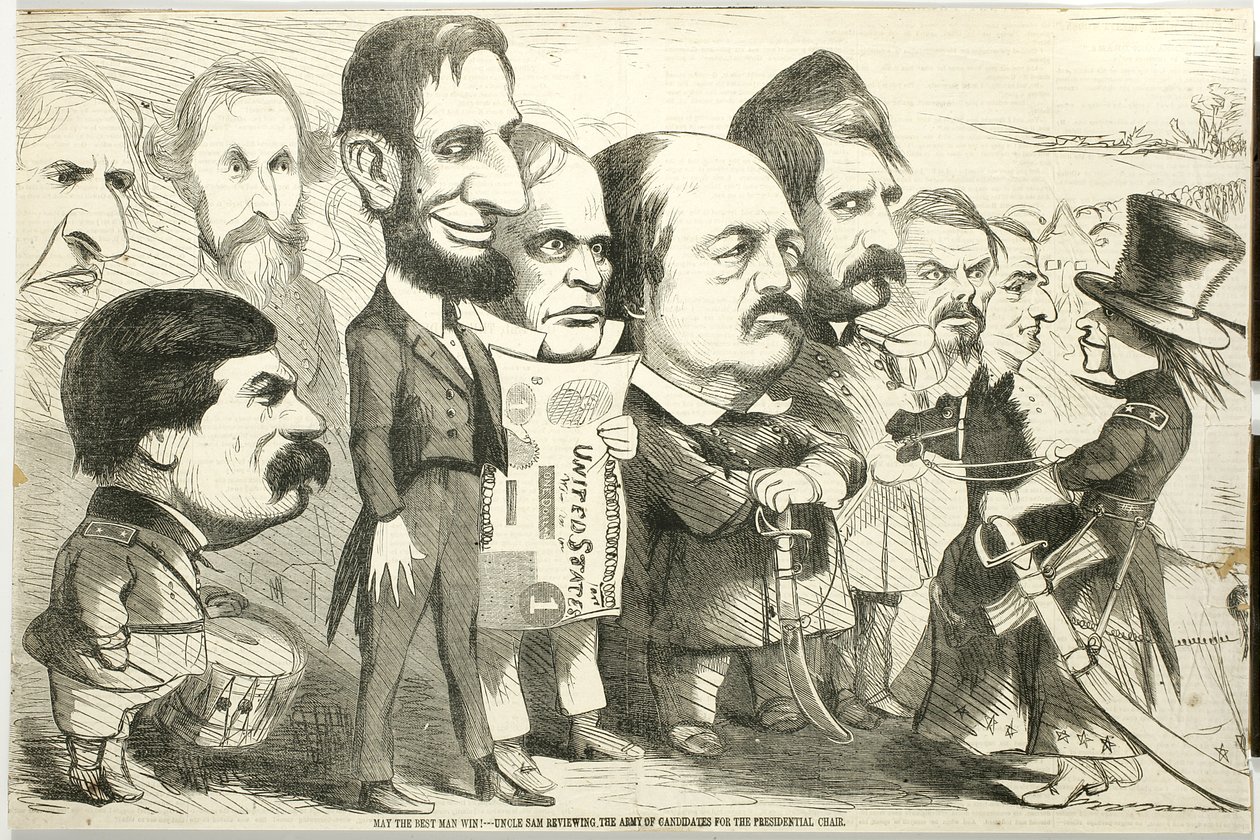 Må bästa man vinna! Uncle Sam granskar Army of Candidates, 1864 (trägravyr) av Thomas Nast