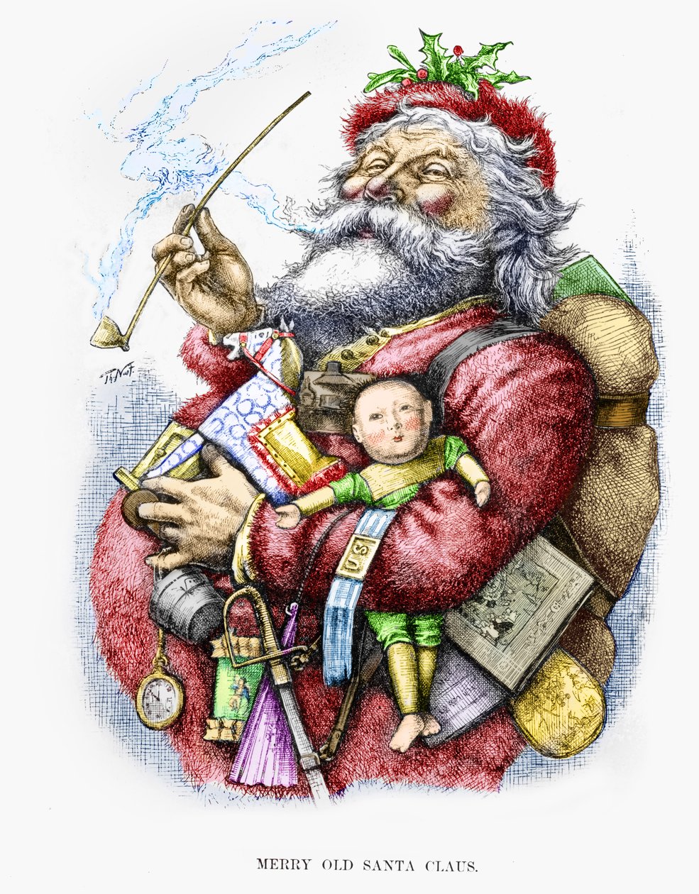 Merry Old Santa Claus, graverad av konstnären, 1889 (handfärgad gravyr) av Thomas Nast