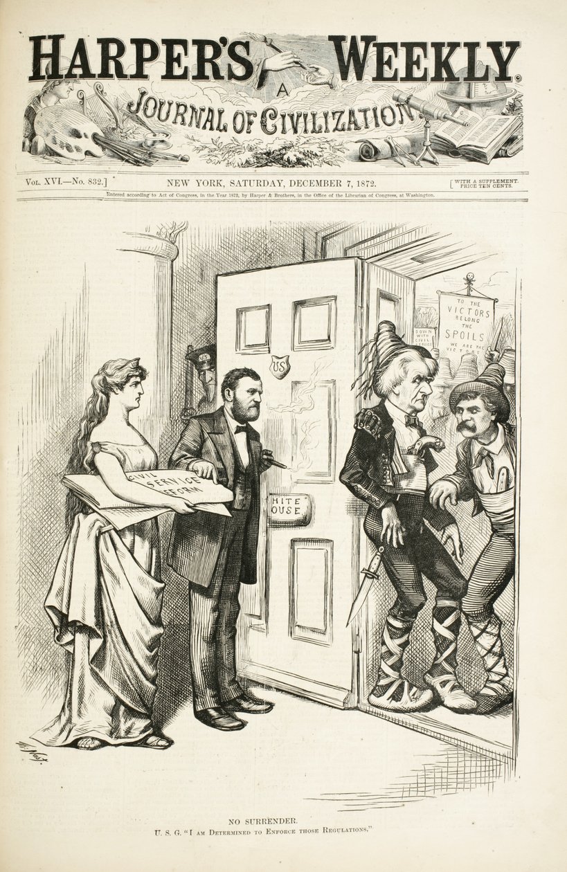 Ingen kapitulation; U.S.G., I am Determined to Enforce these Regulations, 1872 (trägravyr) av Thomas Nast