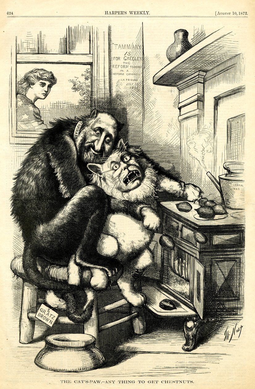 Kattfot - allt för att få kastanjer, 1872 (trägravyr) av Thomas Nast