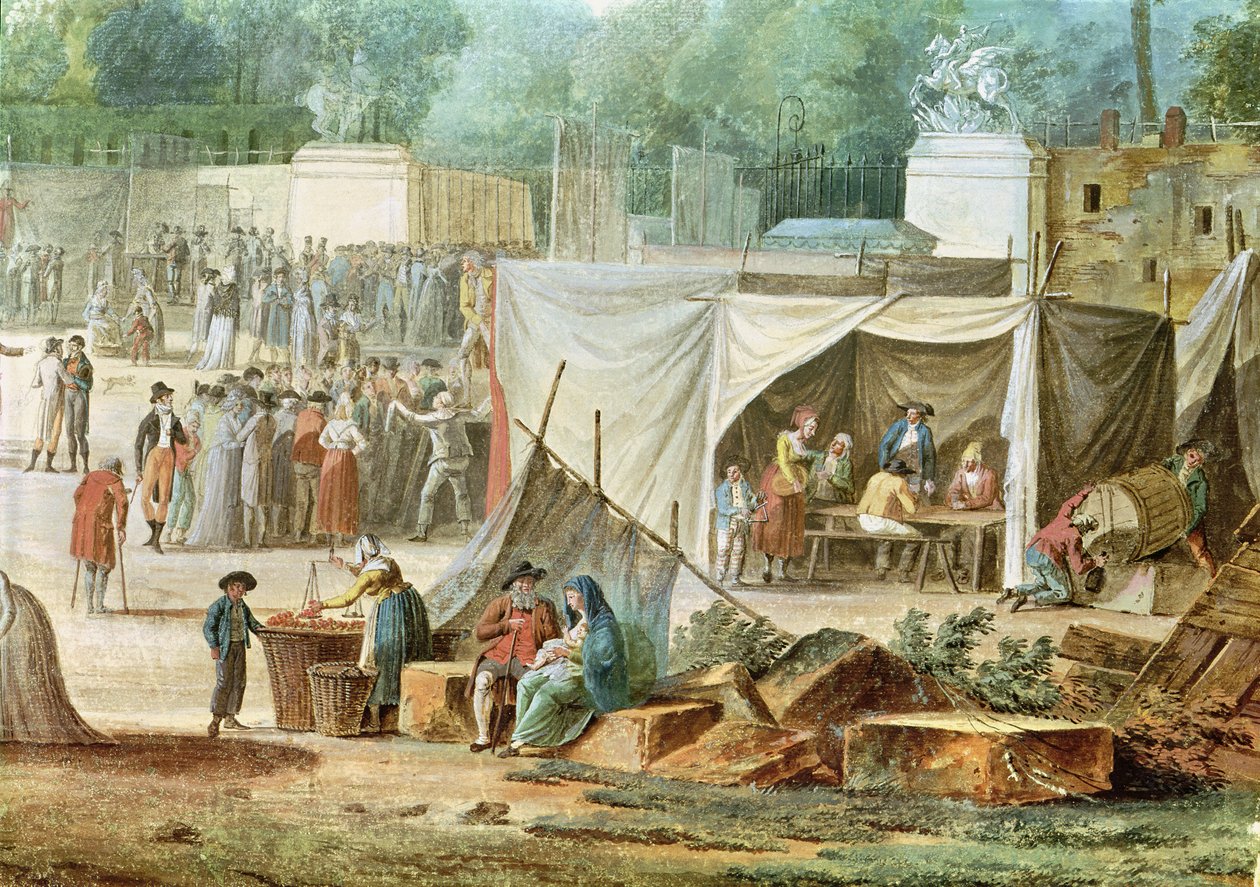 Udsigt over Tuilerierne fra Place de la Revolution, detalje af markedet swed av Thomas Naudet