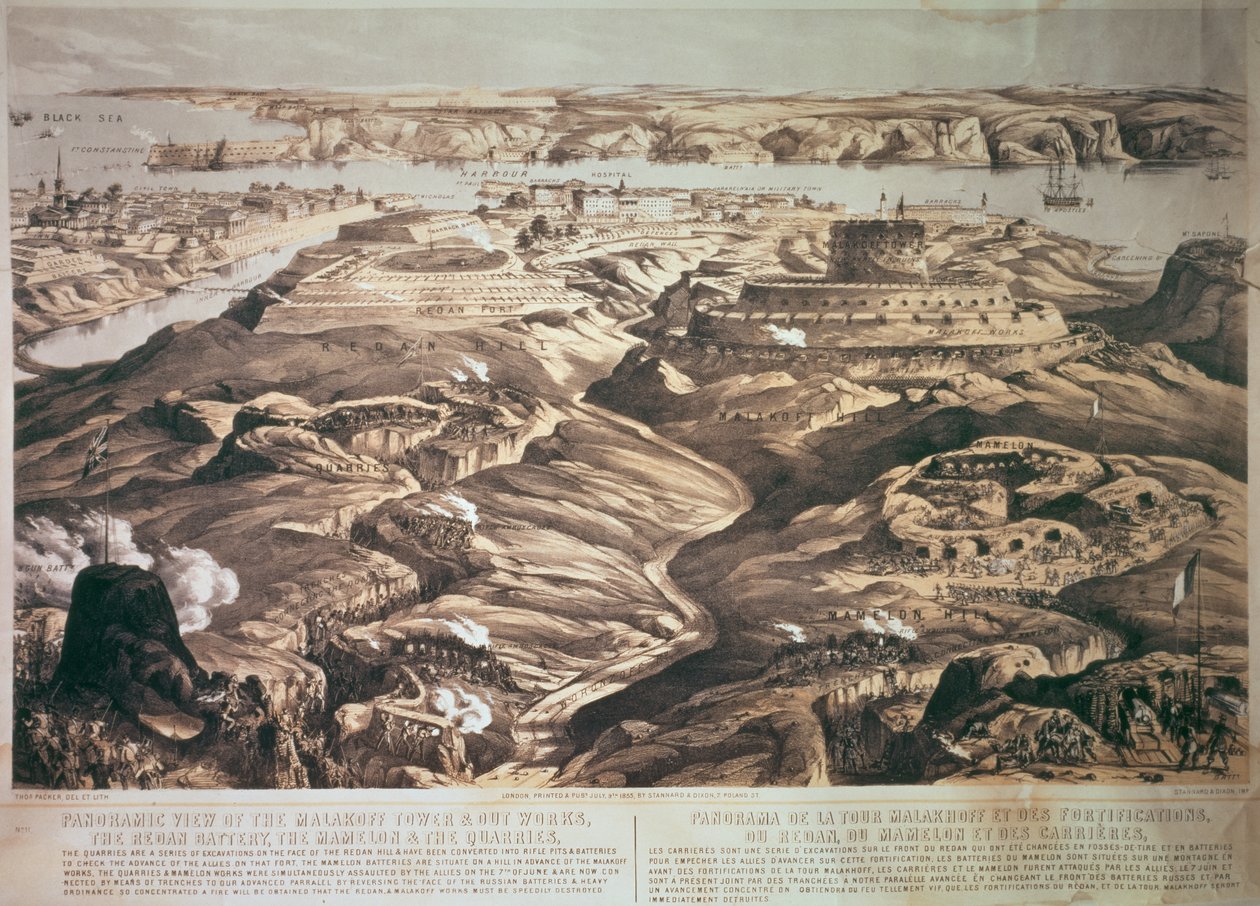 Panoramautsikt över Malakoff Tower och Out Works, Redan Battery, Mamelon och Quarries, pub. 1855 av Stannard och Dixon av Thomas Packer