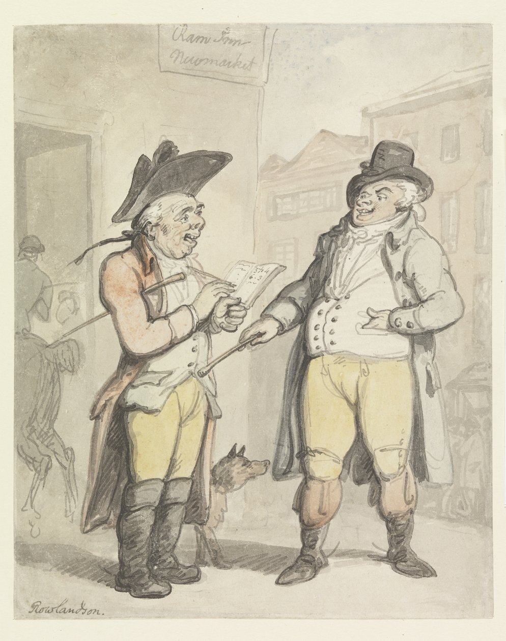 En bookmaker och hans klient utanför Ram Inn, Newmarket (wc med penna och bläck på papper) av Thomas Rowlandson