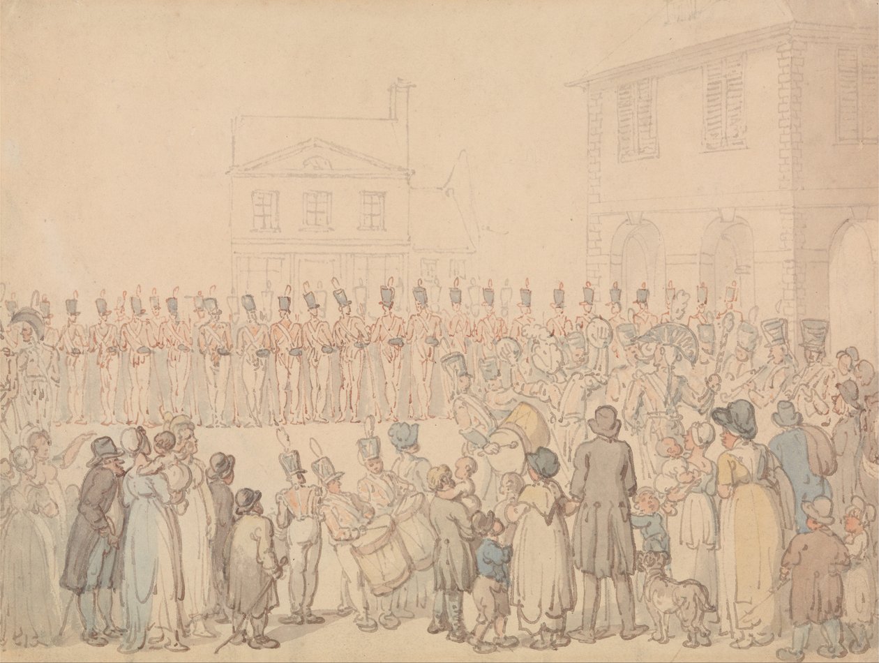 A Review of the Northapmton Militia at Brackley av Thomas Rowlandson