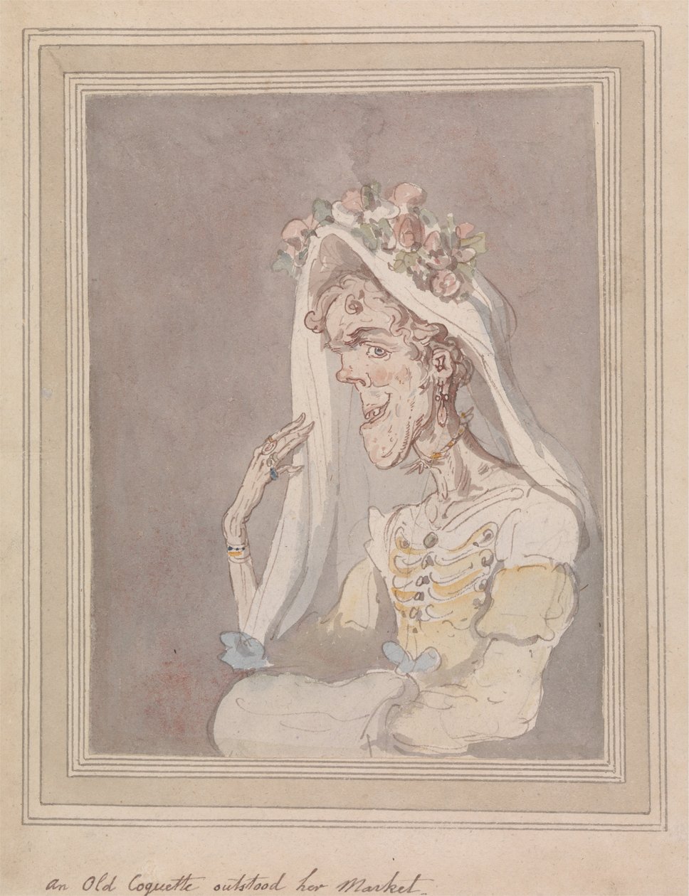 En gammal kokett kvinna stod emot hennes marknad av Thomas Rowlandson