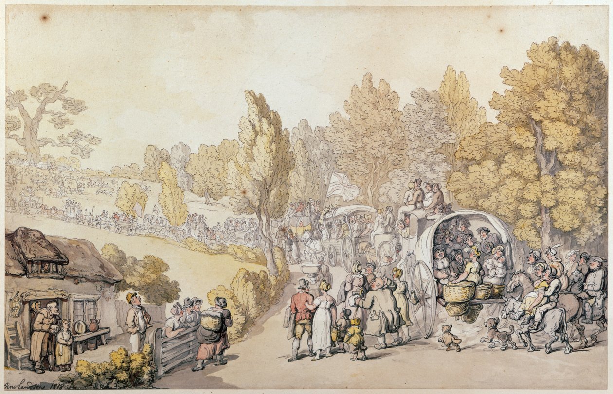 Karikatyr som föreställer lantfolk som beger sig till staden, 1818 (handkolorerat gravyr) av Thomas Rowlandson