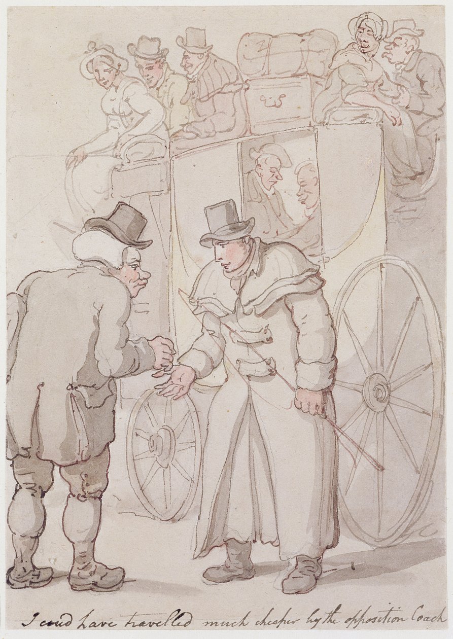Jag kunde ha rest mycket billigare med oppositionens tränare (penna & bläck, wc) av Thomas Rowlandson