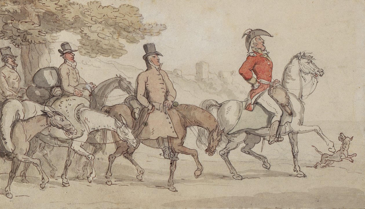 Illustrationer för The Military Adventures of Johnny Newcome: Dashed with his suite for Santarem that night av John Mitford (1782-1831) (penna och bläck och wc på papper) av Thomas Rowlandson
