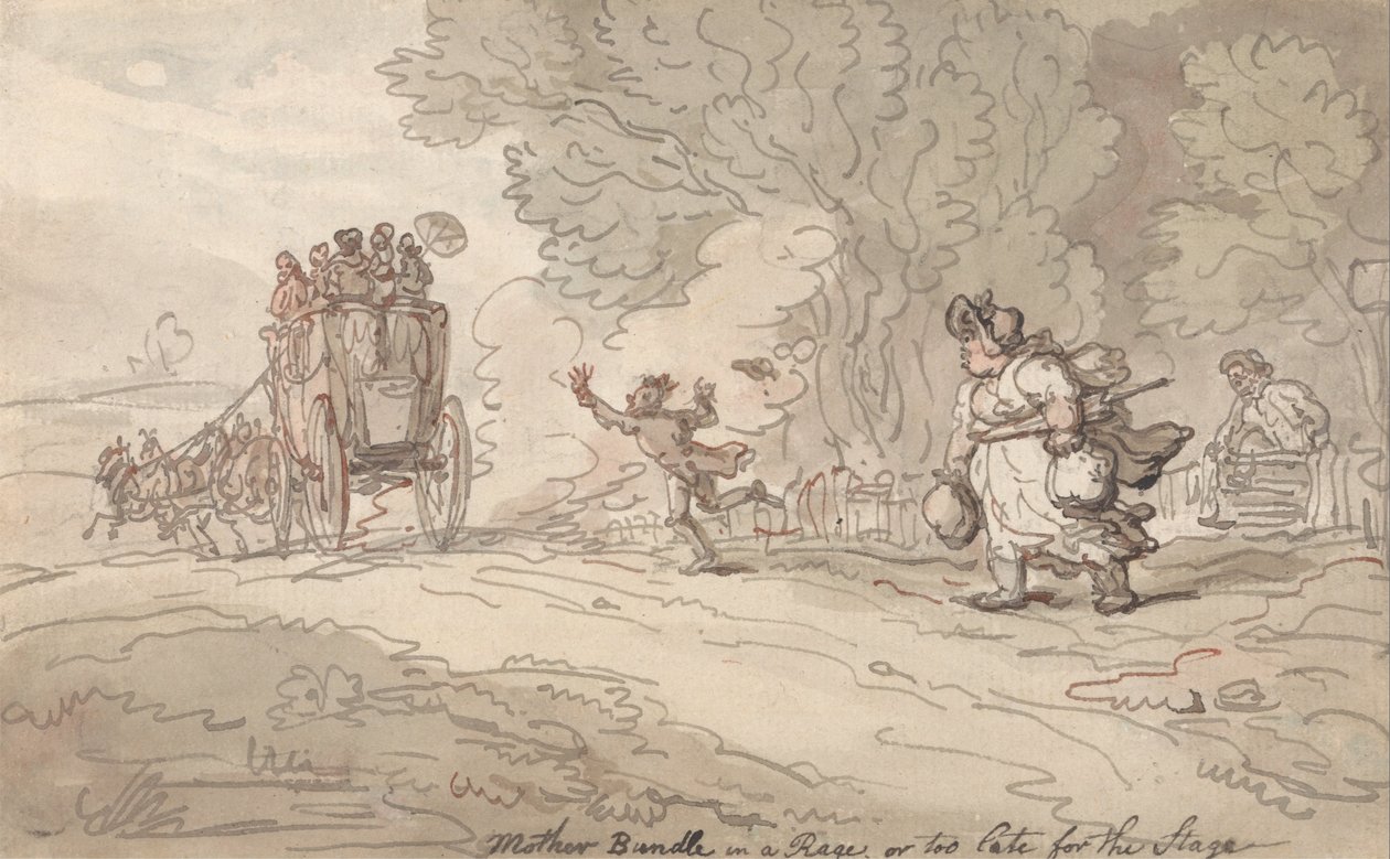 Mother Bundle in a Rage or Too late for the Stage av Thomas Rowlandson