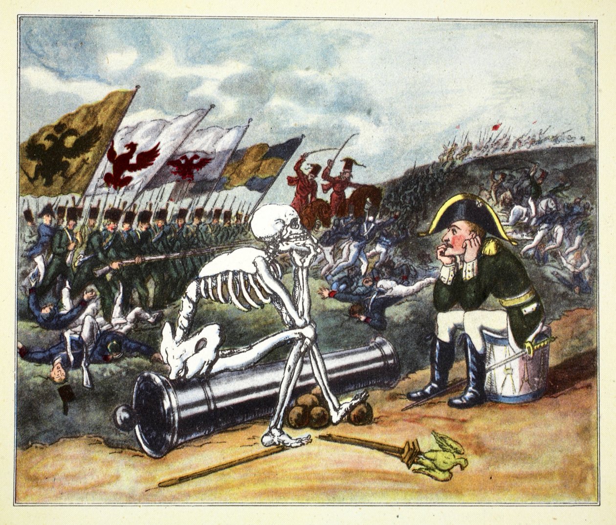 Napoleon på slagfältet vid Leipzig 1813 (handkolorerat gravyr) av Thomas Rowlandson