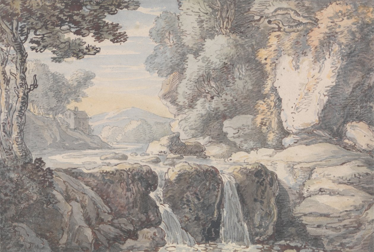 River Landscape with a Waterfall av Thomas Rowlandson