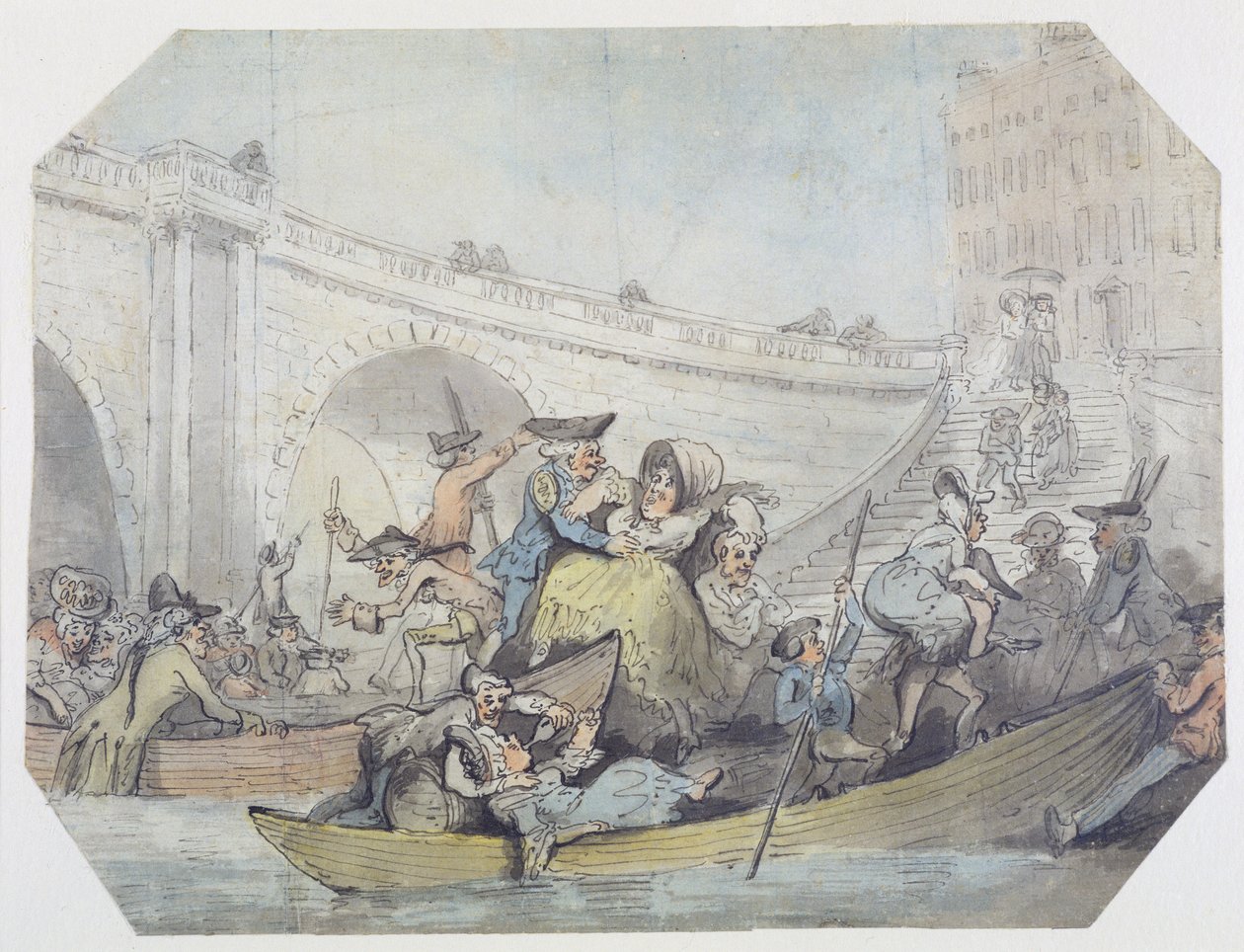 Färjornas ankomst till London Bridge (penna och bläck, wc över grafit på vävt papper) av Thomas Rowlandson