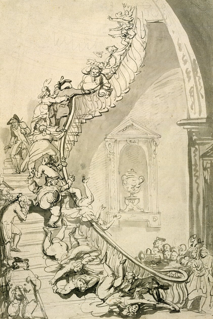 The Exhibition Starecase (penna och bläck med tvätt på papper) av Thomas Rowlandson