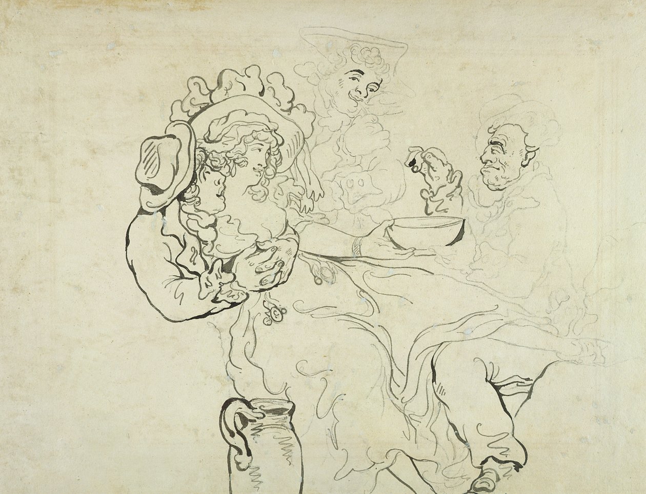 Tre män och en kvinna dricker (penna och bläck och wc på papper) av Thomas Rowlandson
