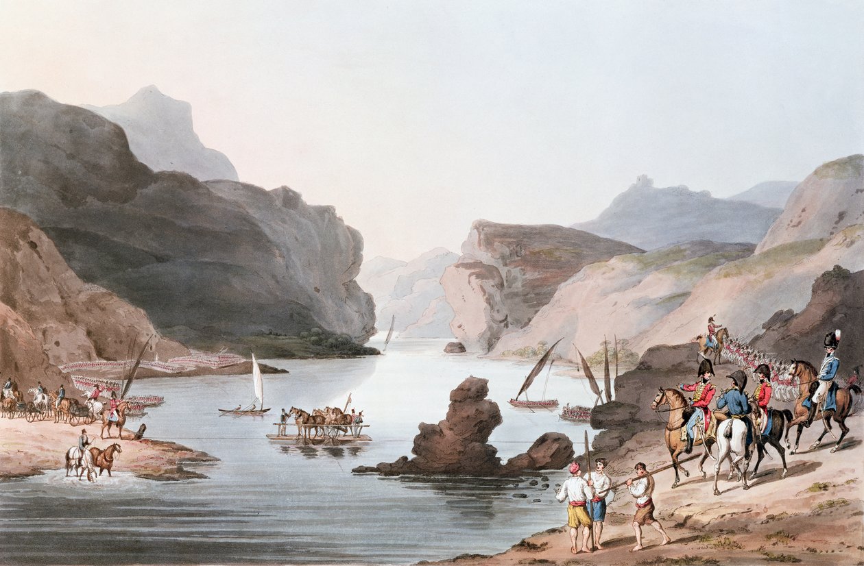 Pass av Tejo vid Vila Velha in i Alentejo, 20 maj 1811 graverad av C. Turner av Thomas Staunton St. Clair