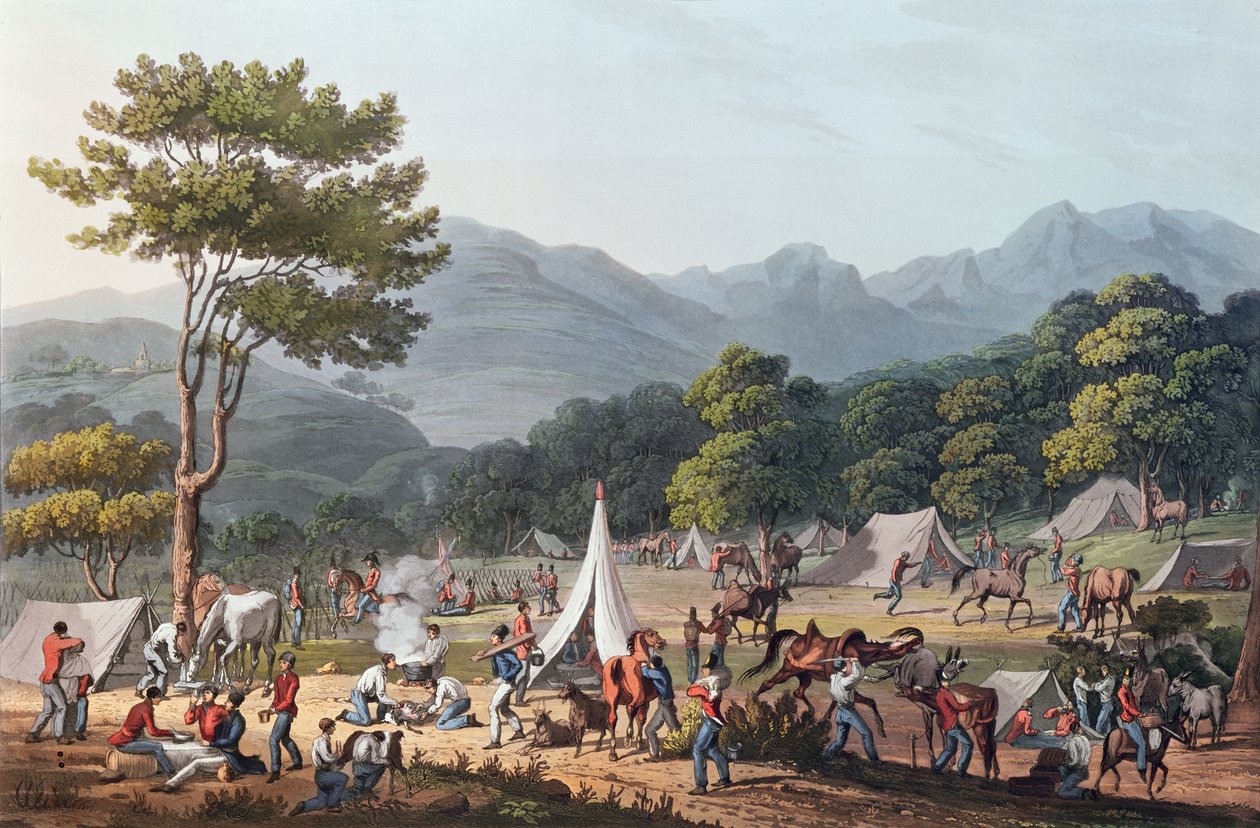 Tropper bivuakeret nær Vila Velha, indgraveret af C. Turner, 19. maj 1811 (farvelitografi) av Thomas Staunton St. Clair