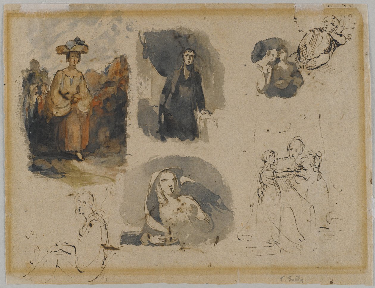 [Utan titel] (Seven Figure Studies), c.1830-talet (järngalbläck & wc på beige, medelvikt, måttligt texturerat antikt papper) (verso) av Thomas Sully