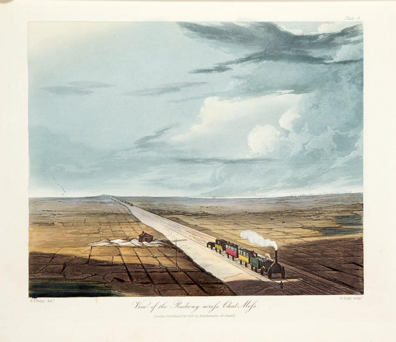 Utsikt över järnvägen över Chat Moss, 1831 (handfärgad gravyr) av Thomas Talbot Bury