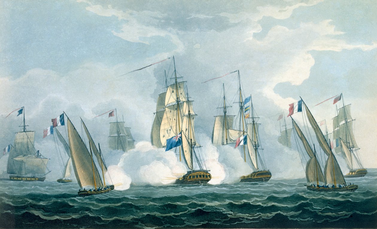 HMS Sirius, kapten Rowse i strid med en fransk eskader utanför Tibermynningen den 17 april 1806, graverad av T. Sutherland för "The Naval Chronology of Great Britain" av J. Ralfe, publicerad 1820 (co av Thomas Whitcombe