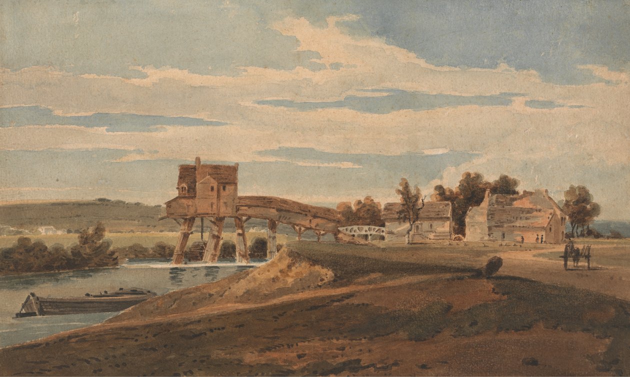 Vattenkvarnen ovanför bron i Charenton (wc över grafit på papper som läggs på modernt fäste) av Thomas after Girtin