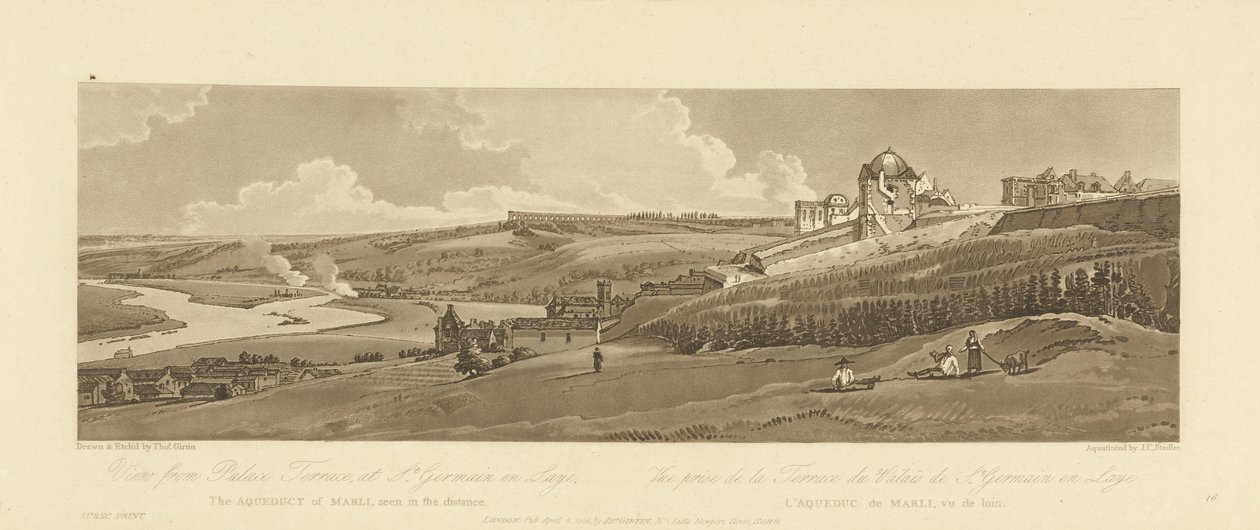 Utsikt över Marly-akvedukten från Palace Terrace vid St. Germain en Laye, graverad av Joseph Constantine Stadler, 1803 (akvatint) av Thomas after Girtin