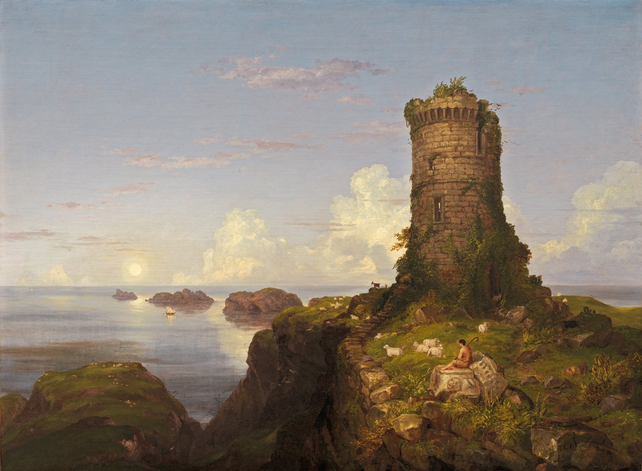 Italiensk kustscen med ruinerat torn av Thomas Cole