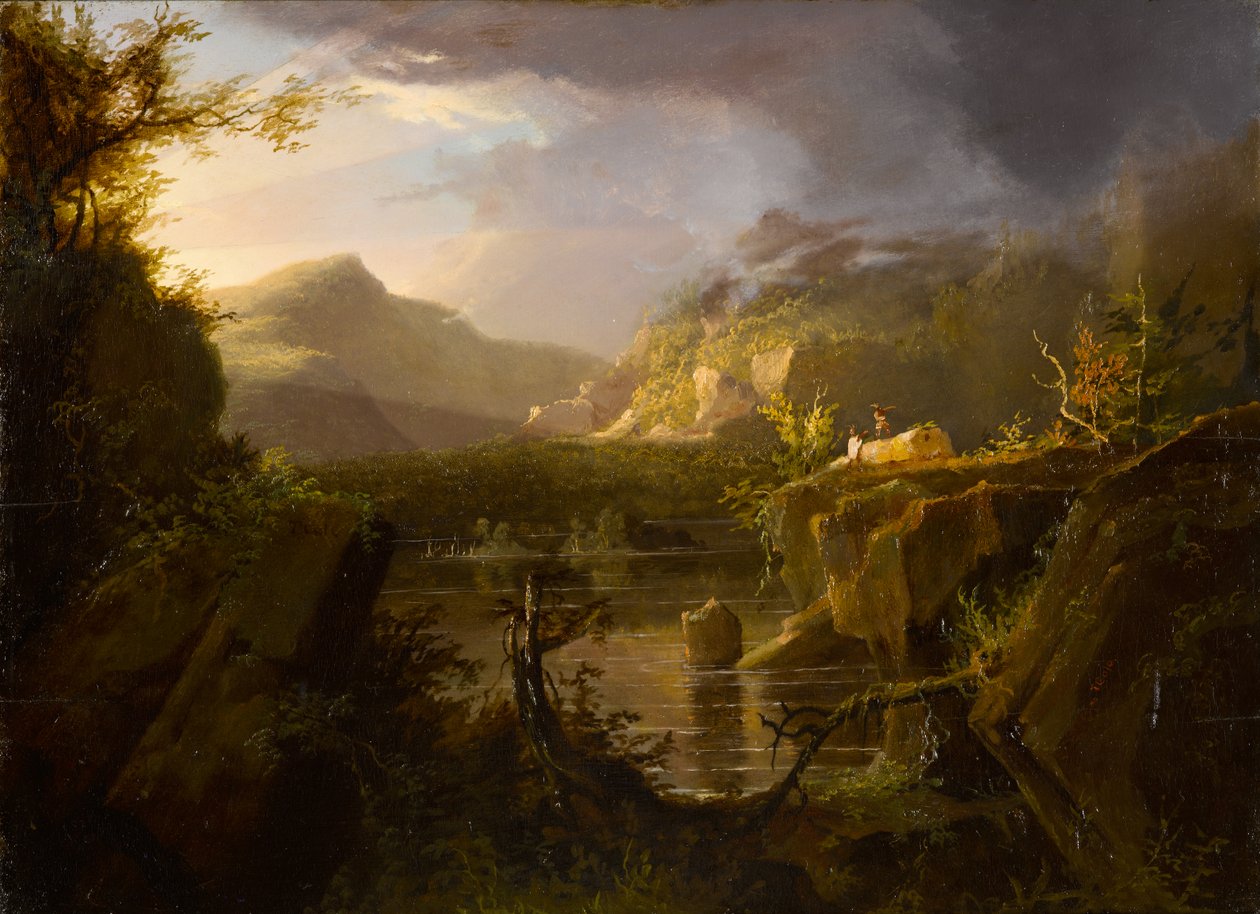 Romantiskt landskap, ca 1826 (olja på träpanel) av Thomas Cole