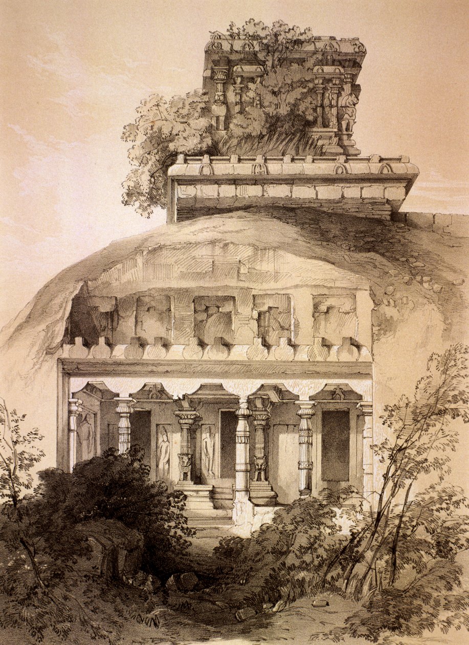 Grotta med strukturell Vimana, Mahavellipore av Thomas Colman Dibdin