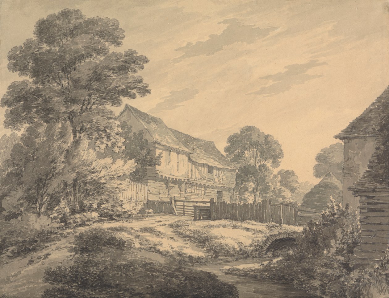 Bondgård och byggnader vid en bäck av Thomas Hearne
