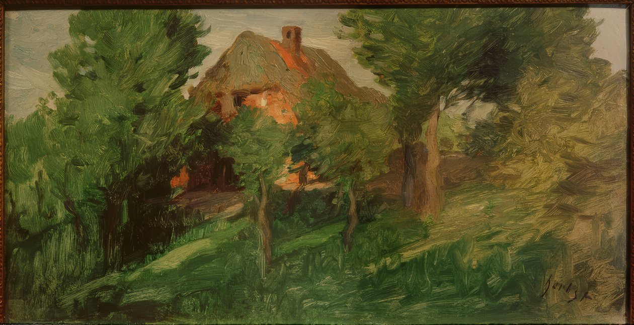 Rött hus bakom träd av Thomas Ludwig Herbst