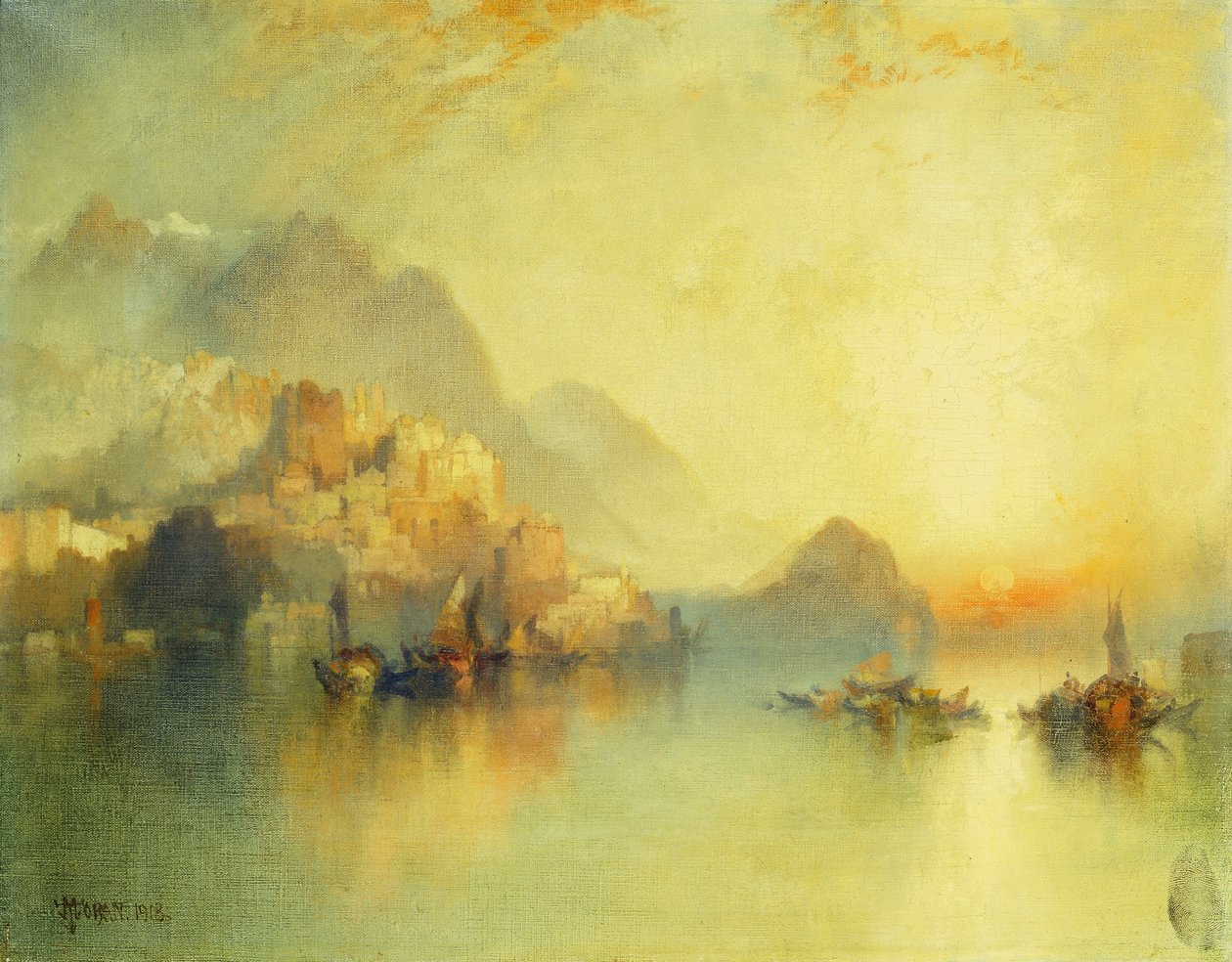 A Hillside Village at Sunset, 1918 av Thomas Moran