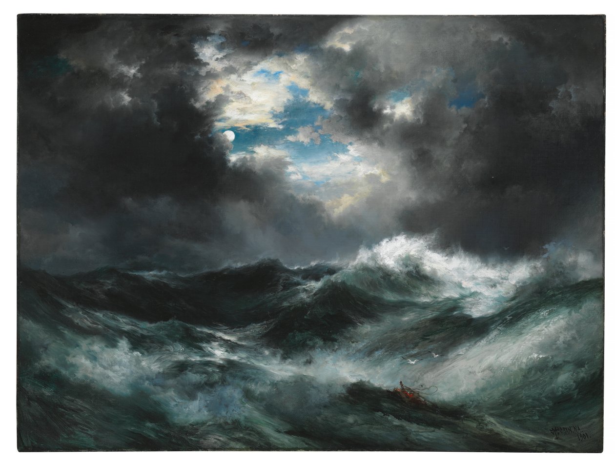 Månbelyst skeppsvrak till sjöss av Thomas Moran
