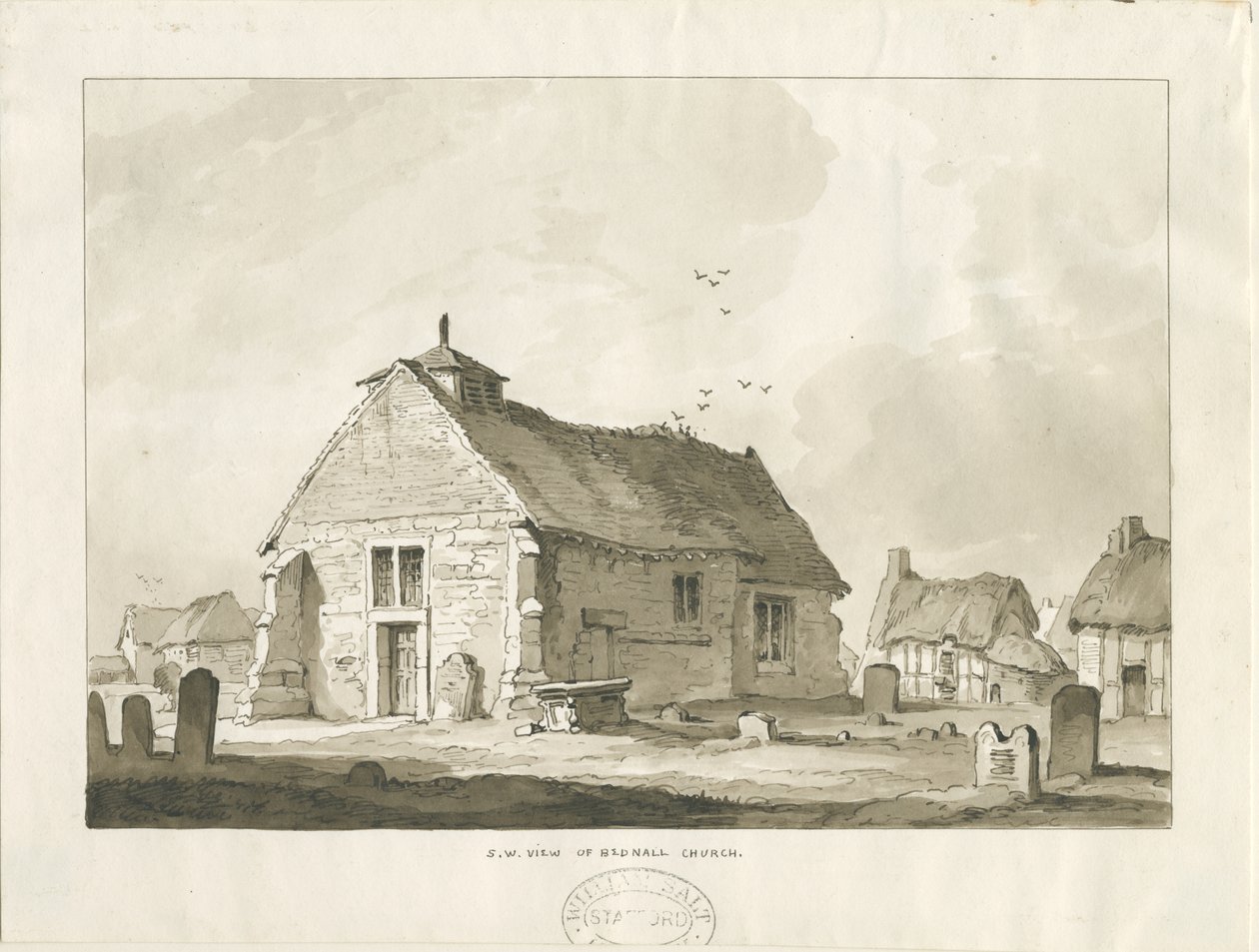 Bednall Church: sepiateckning, nd [?1838] av Thomas Peploe Wood