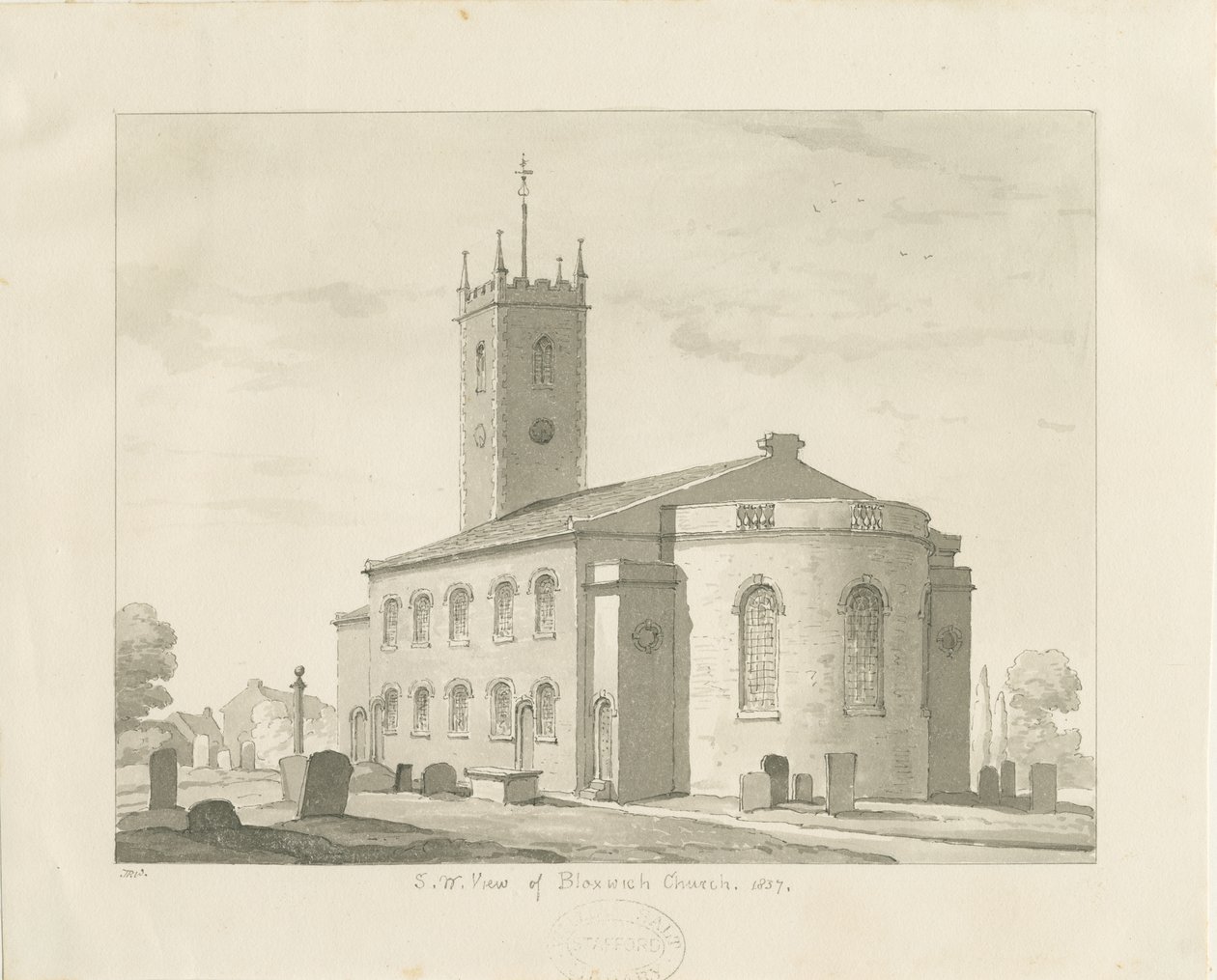 Bloxwich Church: sepiateckning, 1837 av Thomas Peploe Wood