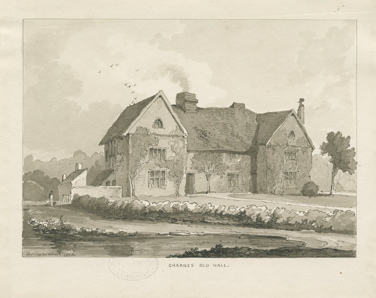 Charnes Hall: sepiateckning av Thomas Peploe Wood