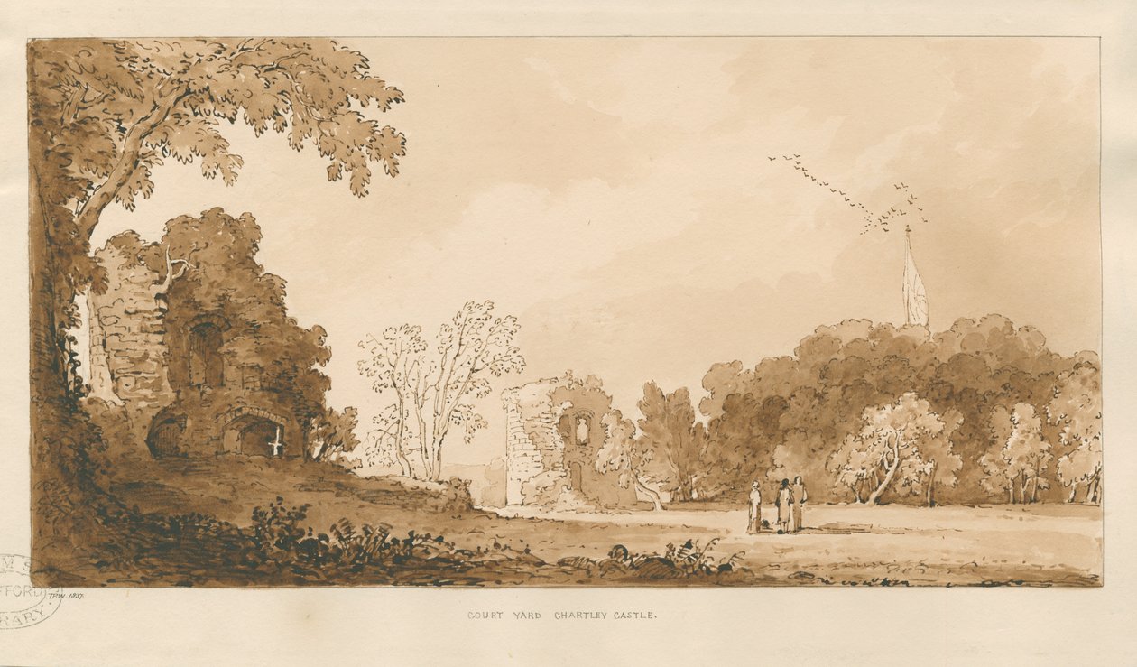 Chartley Castle: röd sepia-teckning av Thomas Peploe Wood