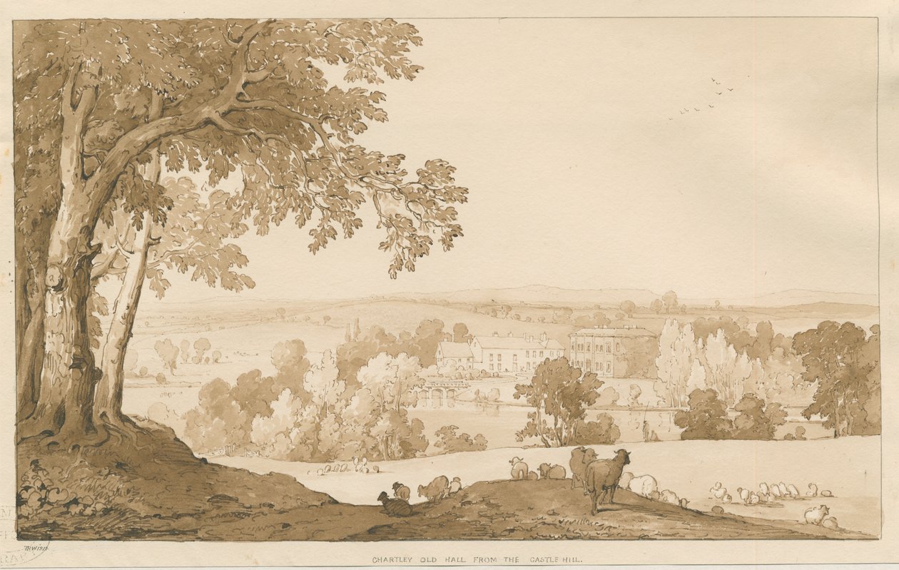 Chartley Hall: sepiateckning, 1837 av Thomas Peploe Wood