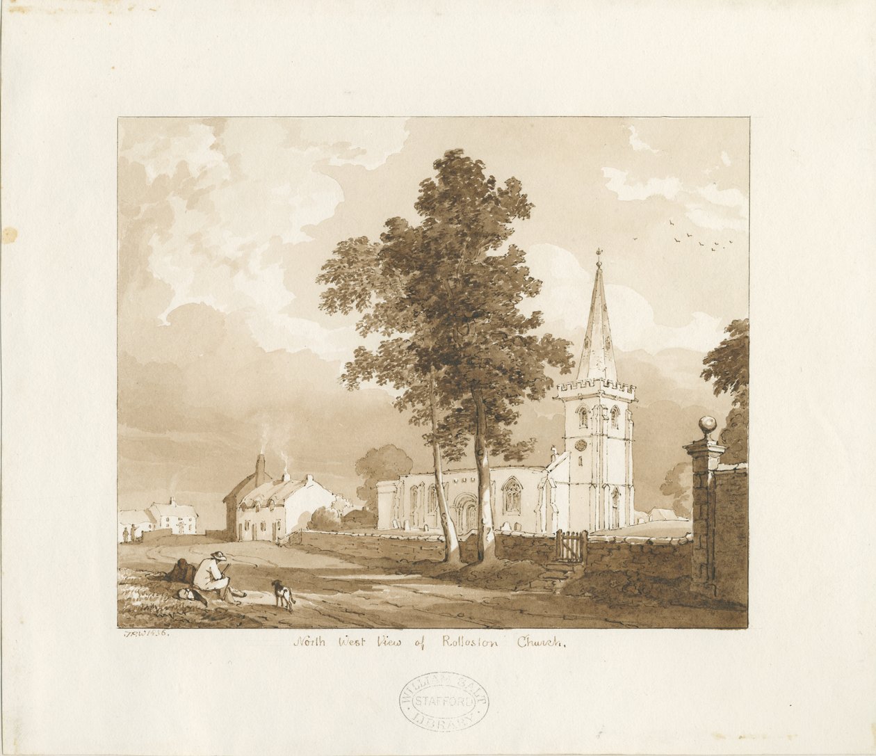 Rolleston Church: röd sepiateckning, 1836 av Thomas Peploe Wood