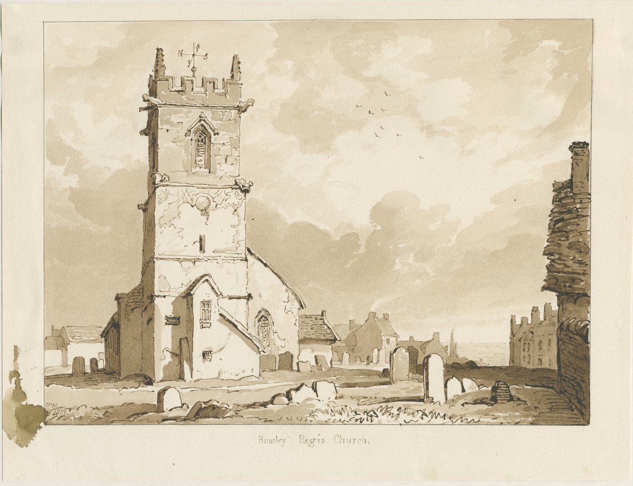 Rowley Regis Church: sepiateckning, 1837 av Thomas Peploe Wood